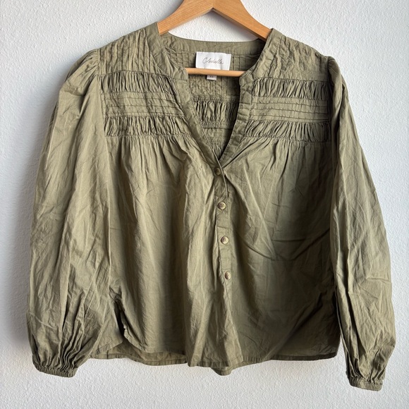 Cleobella River Organic Cotton Pintuck Puff Sleeve Button Up Blouse Olive Green - Picture 4 of 11